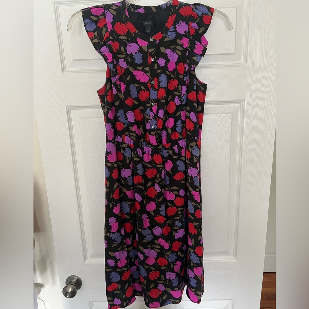 JCrew Ruffle flutter cap sleeve Painted Pansy Floral Silk Mini sz 6 F8767 purple